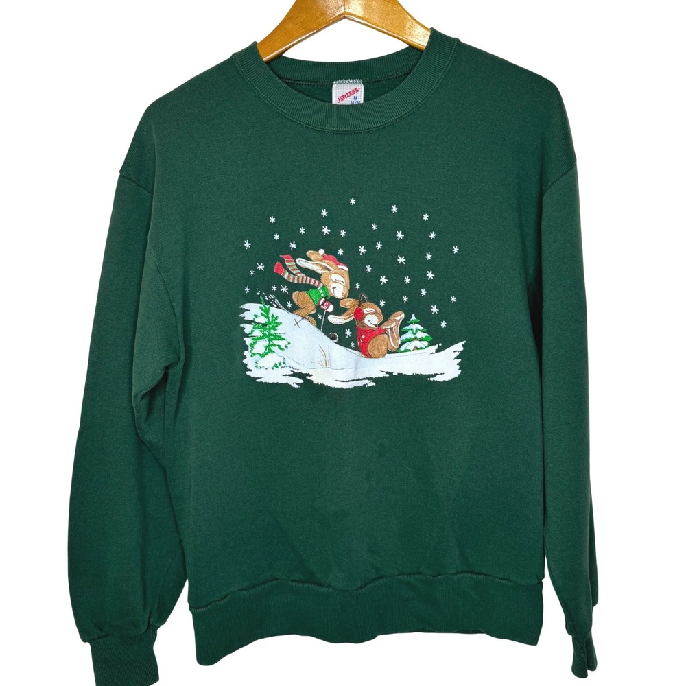 Vintage Winter Bunny Sweater Green Medium